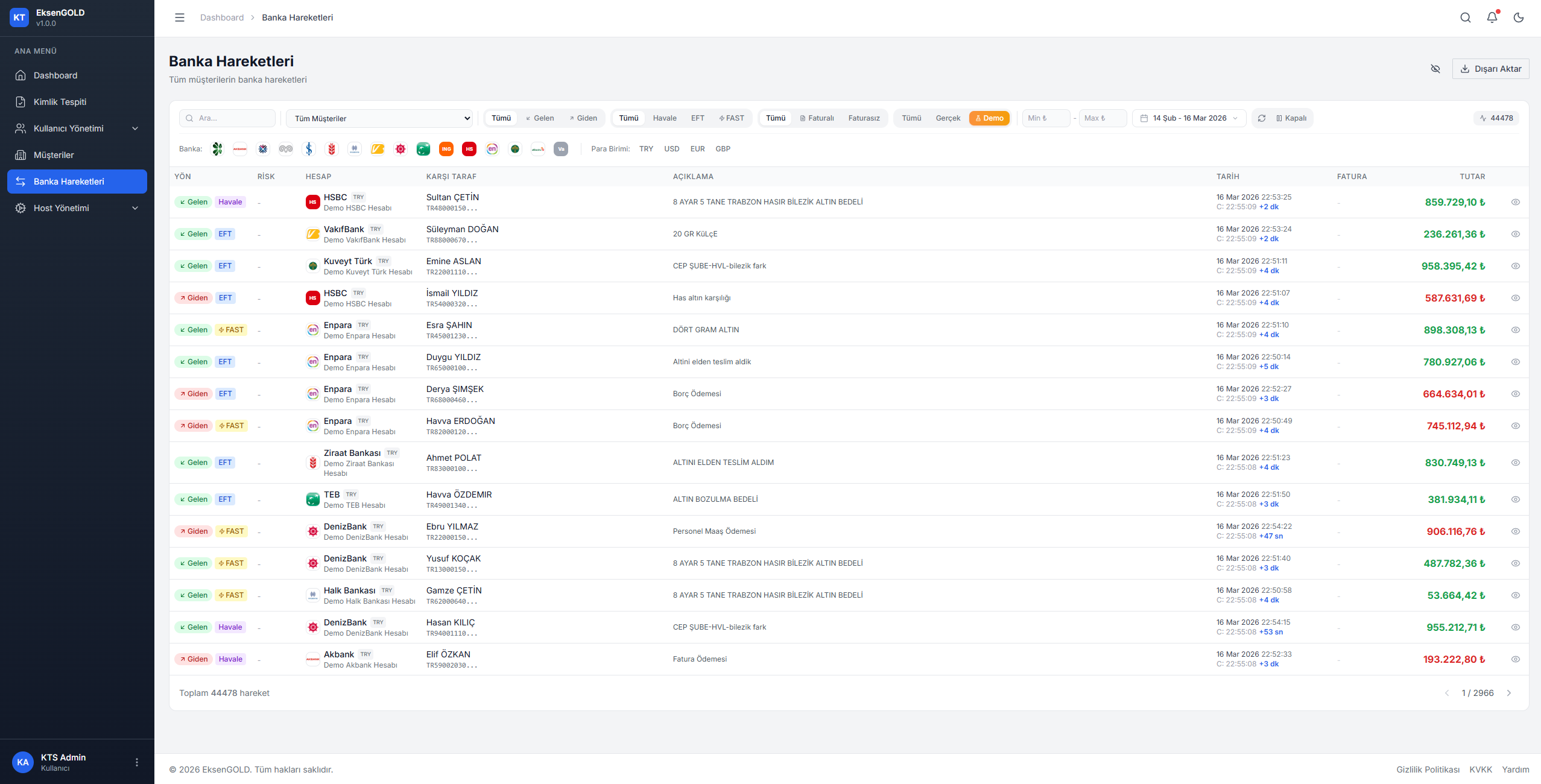 EksenGOLD Web Dashboard — Banka Hareketleri